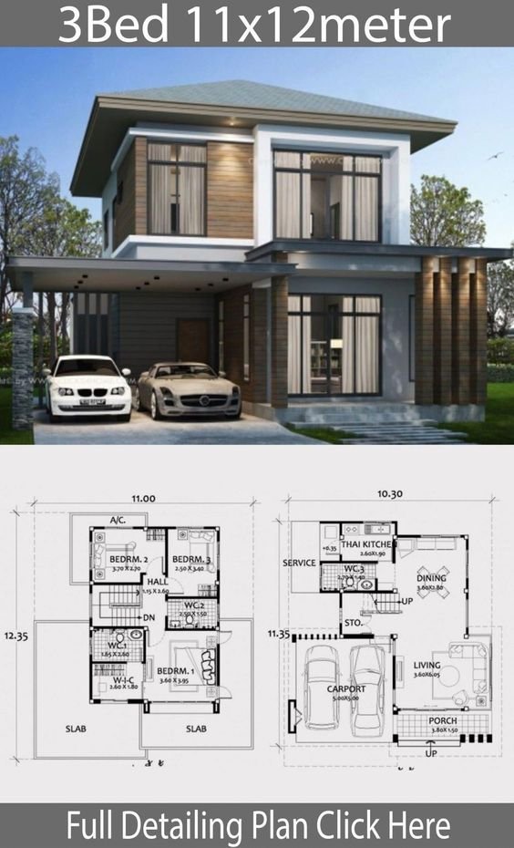 House Design Plan 13x9.5m With 3 Bedrooms